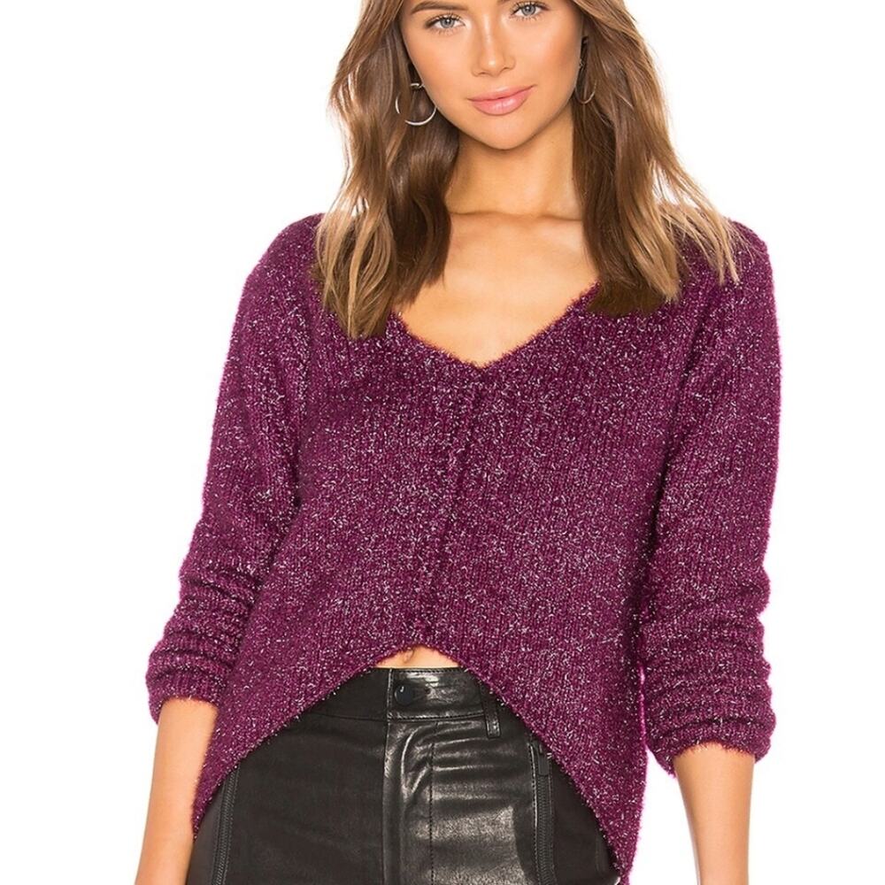 Lovers + Friends Gerona Fuzzy Eyelash Glitter V-Neck Sweater Magenta XS NWT